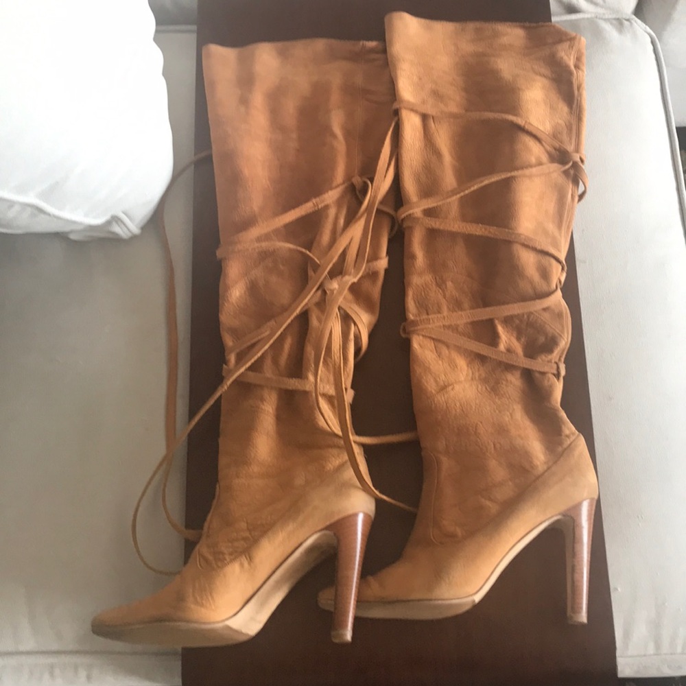 Manolo Blahnik tan brown otk thigh high boots sz41